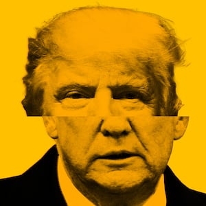 Photo illustration of Donald Trump with his head split in half horizontally