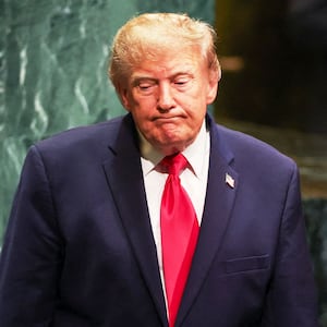 Donald Trump reacts by the podium at the 81st United Nations General Assembly at UN headquarters in New York City on September 22, 2026.