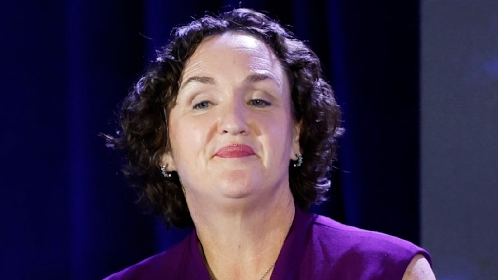 Los Angeles, CA - September 28: Former Congressmember Katie Porter sits on stage at the NUHW Governor Candidate Forum at the Hyatt Regency Los Angeles International Airport on Sunday, Sept. 28, 2025 in Los Angeles, CA. (Carlin Stiehl / Los Angeles Times via Getty Images)