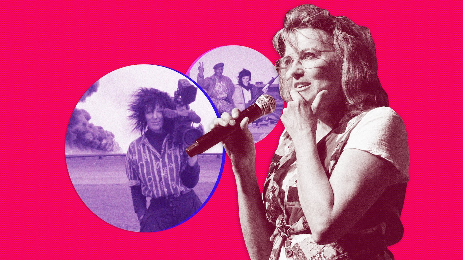 A photo illustration showing Lucy Lawless and stills from her documentary Never Look Away.