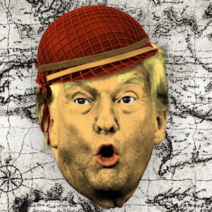 Donald Trump wearing a red army helmet on top of a distorted antique map of Cuba