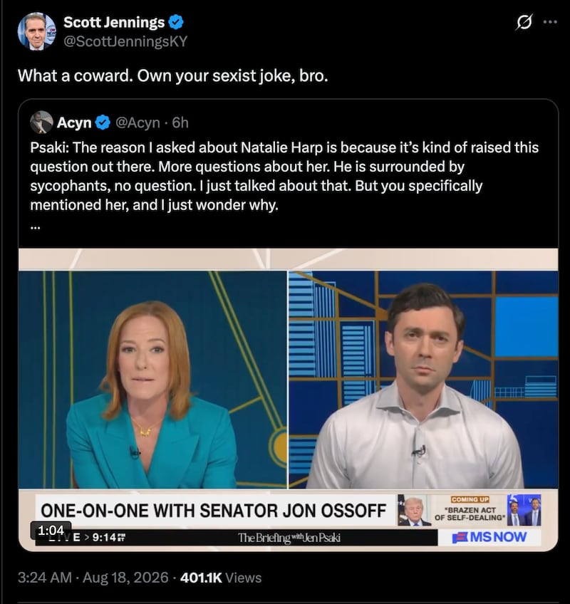 Scott Jennings' post to Jon Ossoff about Natalie Harp.