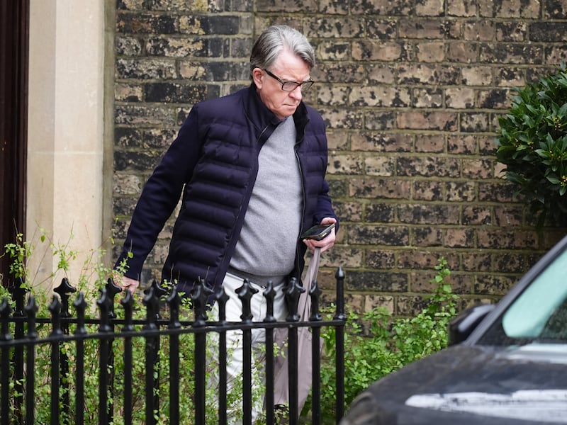 Lord Peter Mandelson outside his home in north west London. Lord Mandelson has resigned from the Labour Party and quit the House of Lords since the latest tranche of Epstein Files were released in the US. The London and Wiltshire homes of Lord Peter Mandelson have been searched by officers as part of the Metropolitan Police's probe into alleged misconduct in public office. Picture date: Saturday February 21, 2026. (Photo by