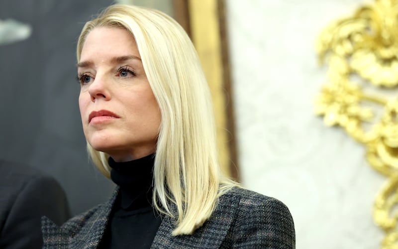 Attorney General Pam Bondi attends the swearing-in ceremony of U.S. Ambassador to India Sergio Gor in the Oval Office of the White House on November 10, 2025 in Washington, DC.
