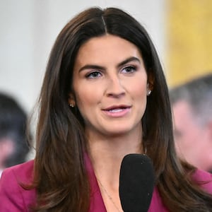 CNN broadcast journalist Kaitlan Collins speaks during a live shot before US President Donald Trump and Japanese Prime Minister Shigeru Ishiba hold a joint press conference in the East Room of the White House in Washington, DC, on February 7, 2025. (Photo by Mandel NGAN / AFP)