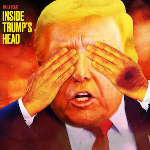 A photo illustration of Donald Trump with his eyes covered with explosions and smoke behind him.