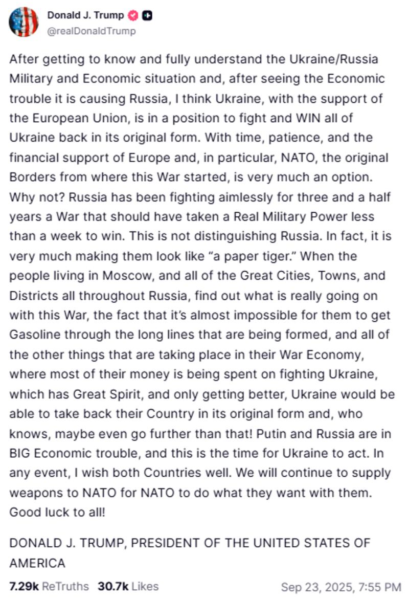 Trump dramatically declared his full support for Ukraine in a Truthy Social post on Tuesday.