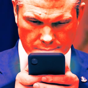 A photo illustration of Pete Hegseth texting on a smart phone.