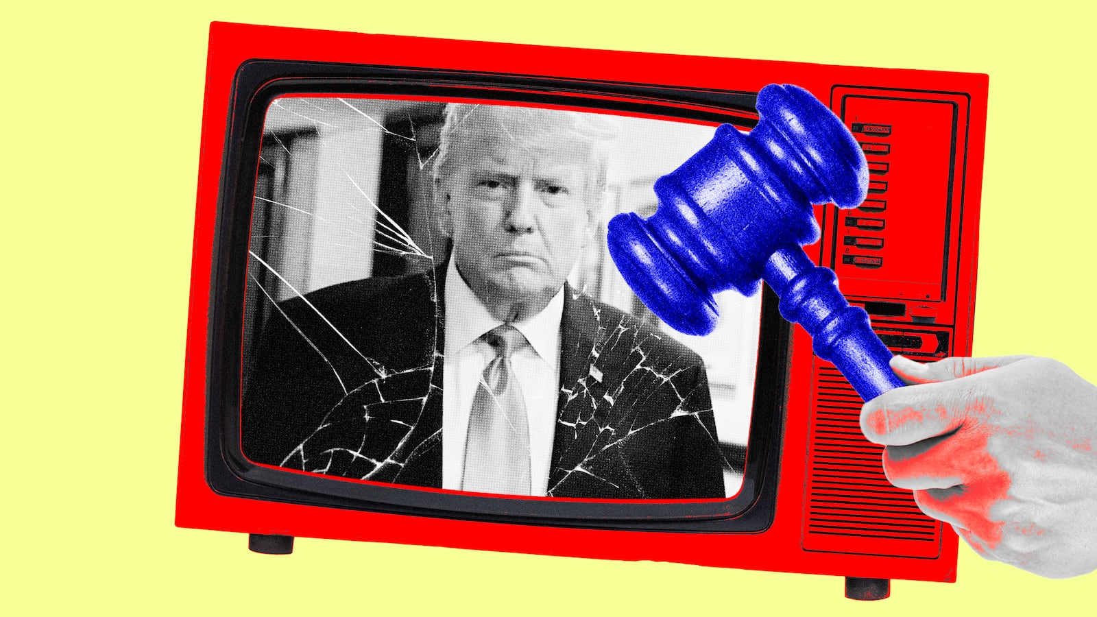 A photo illustration of a television and gavel and one of the government-funded Donald Trump ads.