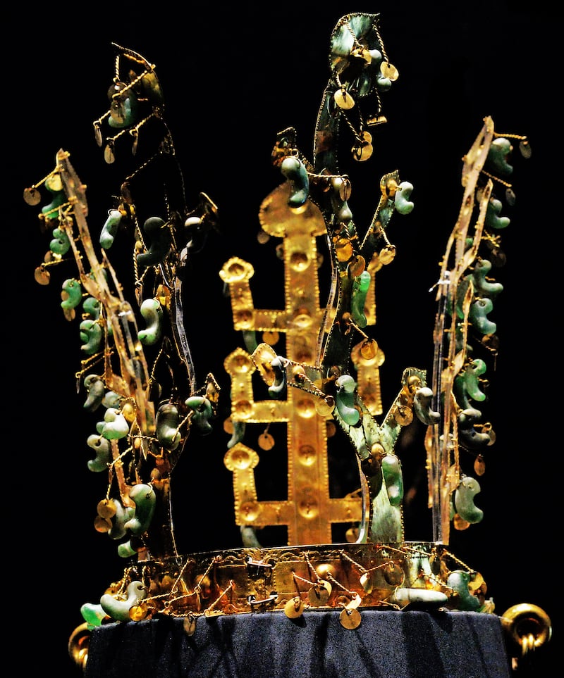 The Gold crown of Silla from Hwangnamdaechong, housed in the National Museum of Korea. It is a National Treasure of Korea. The height of the crown is 27.5 centimetres and the gold chains and pendants that dangle from the crown, known as Suhasik are 13 to 30.3 centimetres in length. The crown is known for its abundant use of jade. The Suhasik are grouped into two groups of three and are arranged with the longest chains on the outer edge to the smallest chains closest to the front of the crown. second half of 5th century. Excavated from the north mound of Hwangnam Daechong Tomb.