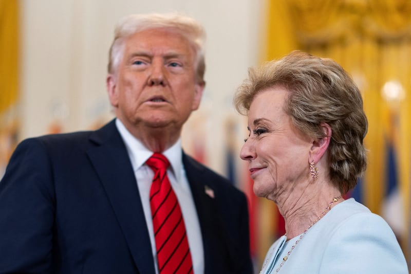U.S. Secretary of Education Linda McMahon smiles during the signing event for an executive order to shut down the Department of Education next to U.S. President Donald Trump, in the East Room at the White House in Washington, D.C., U.S., March 20, 2025.