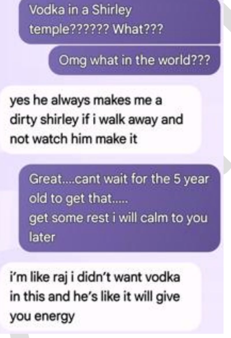 Texts between Hadley and an underage Bedminster employee who said the bartender repeatedly added alcohol to her drinks.