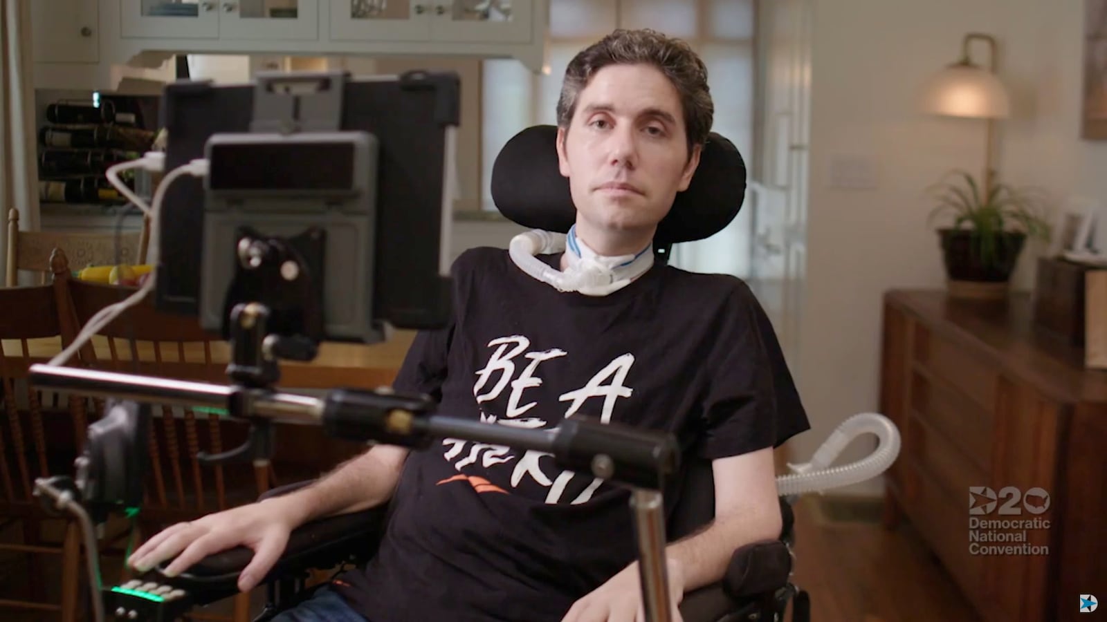 Ady Barkan, a progressive activist who leads the group “Be A Hero”, speaks by video feed during the virtual 2020 Democratic National Convention in Milwaukee, Wisconsin, U.S. August 18, 2020.