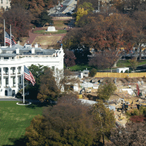 Image fading back and forth between a photograph of the White House in March 2023 and in November 2025 after Donald Trump tore down the East Wing