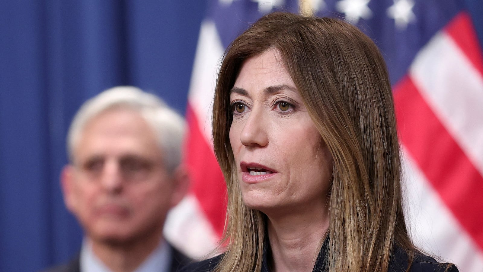Anne Milgram, administrator of the DEA, speaks during a news conference alongside U.S. Attorney General Merrick Garland in Washington, D.C., April 21, 2022.
