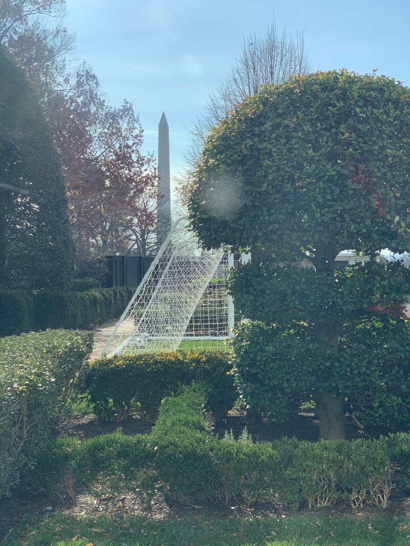 A garden with the Washington Monument behind and a soccer goal in side view with a pollarded tree in the East Wing of the White House