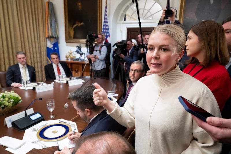 White House Press Secretary Karoline Leavitt speaking to reporters during a meeting with President Donald Trump and Hungarian Prime Minister Viktor Orban in the Cabinet Room of the White House on November 7, 2025 after Trump called on her for help.