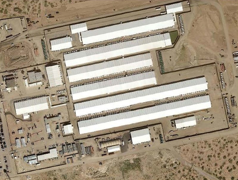 Aerial photo of Camp East Montana, the largest immigrant detention site in the United States.