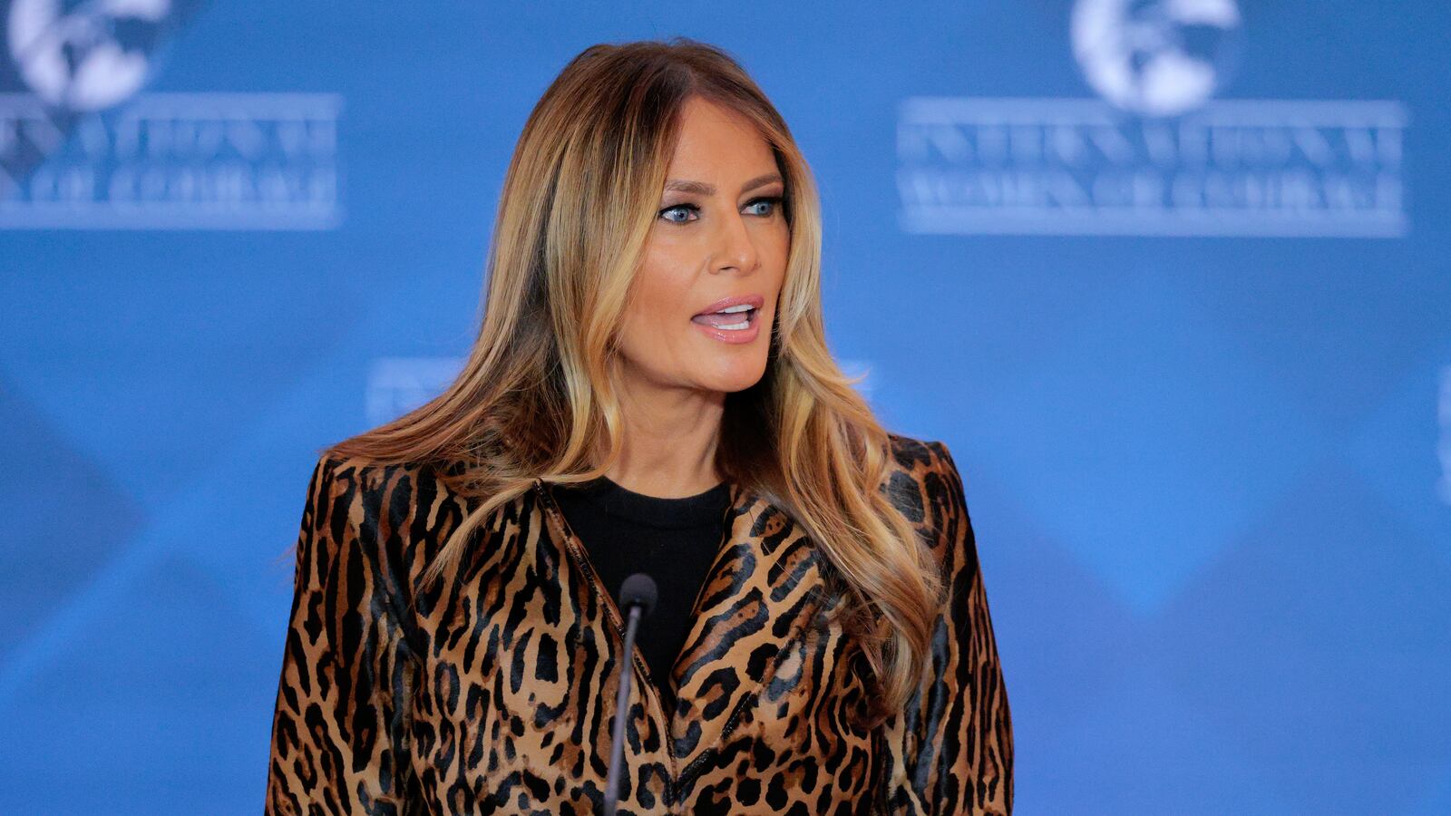 First lady Melania Trump speaks at the International Women of Courage Award ceremony held at the State Department headquarters in April 2025.