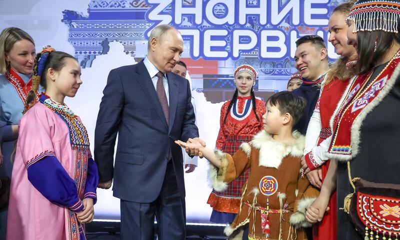 Russian President Vladimir Putin meets with representatives of Russia's indigenous peoples at the Znaniye.Pervye educational marathon in Moscow, Russia April 30, 2026. Sputnik/Vyacheslav Prokofyev/Pool via REUTERS ATTENTION EDITORS - THIS IMAGE WAS PROVIDED BY A THIRD PARTY.