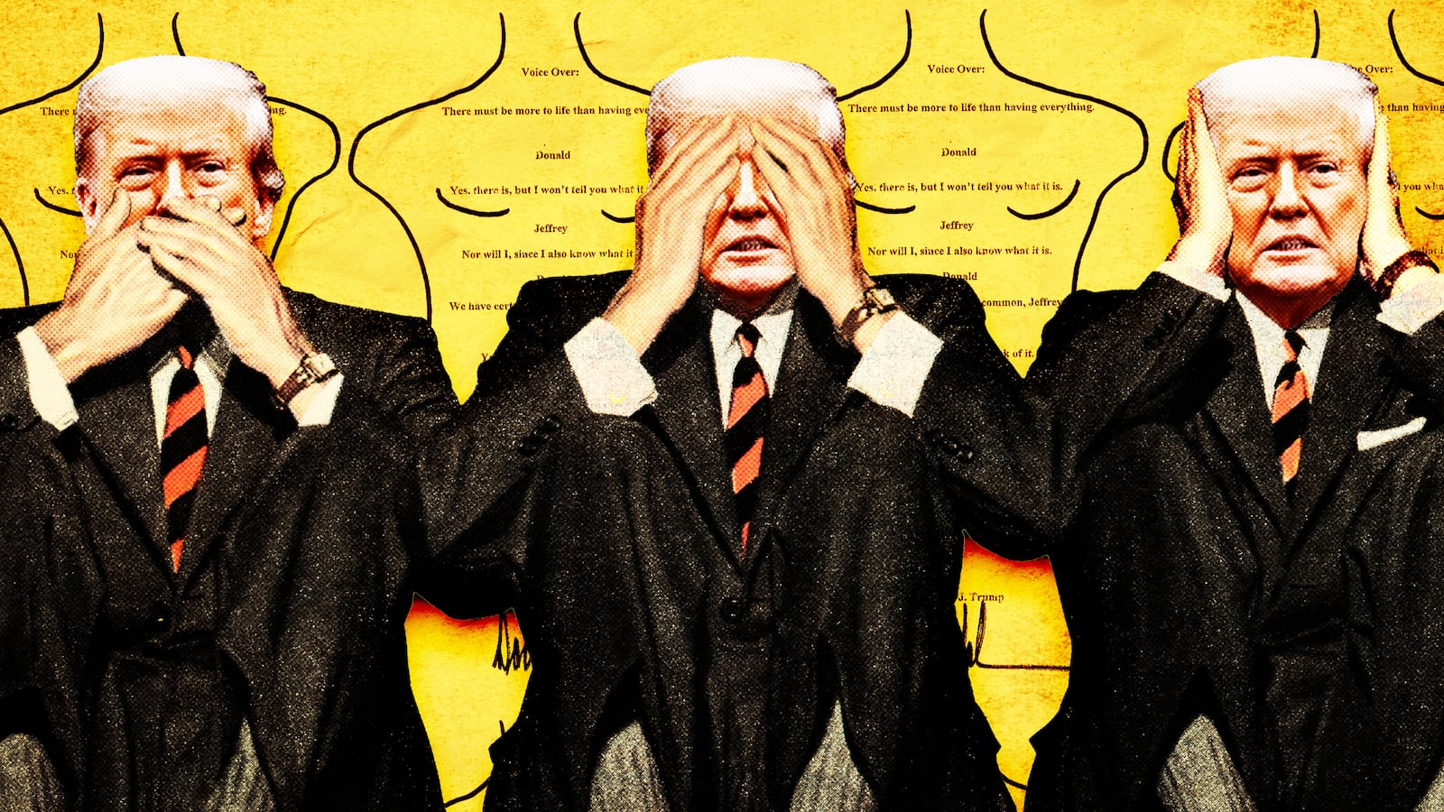 A photo illustration of Donald Trump, speak, see, hear, no evil, and his letter drawing to Jeffrey Epstein.