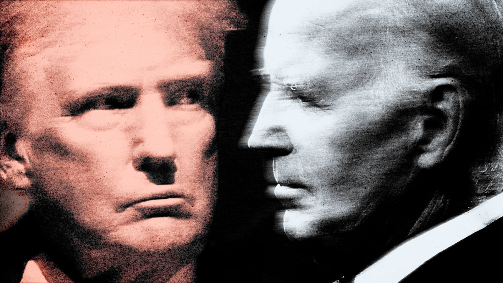 Photo illustration a red Donald Trump and a blue Joe Biden looking at each other on a black background