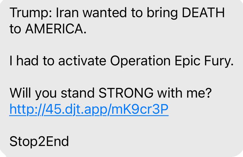 Donald Trump fundraising message US military strikes on Iran to ask for donations from supporters.