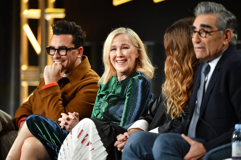 Daniel Levy, Catherine O'Hara, Annie Murphy and Eugene Levy of "Schitt's Creek" speak during the Pop TV segment of the 2020 Winter TCA Press Tour  at The Langham Huntington, Pasadena on January 13, 2020 in Pasadena, California.