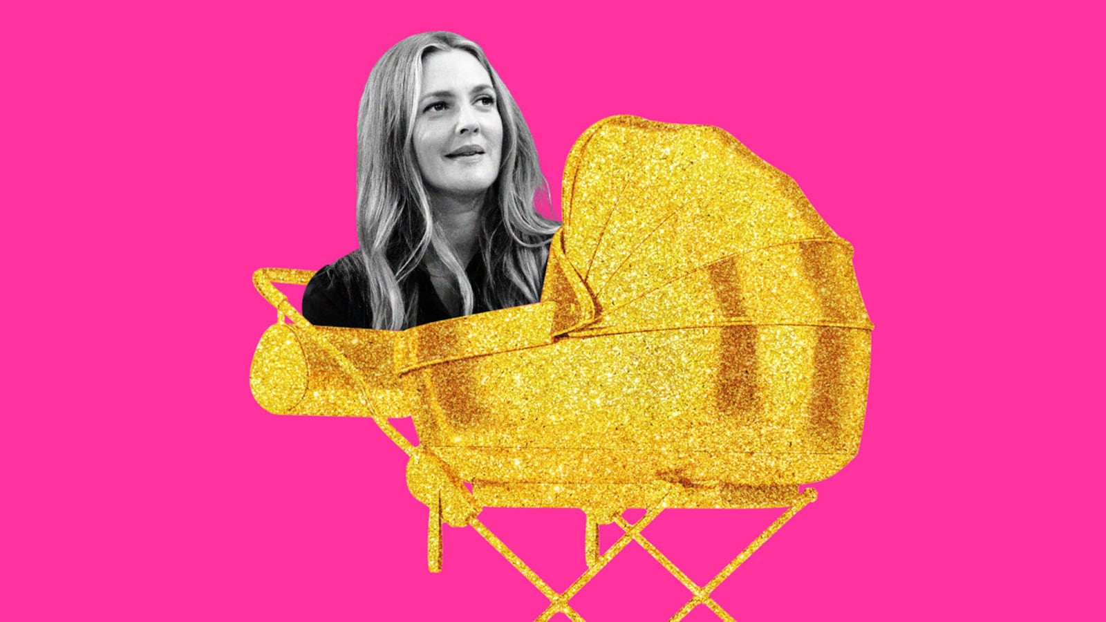 An illustration including Drew Barrymore and a golden stroller