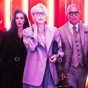 Meryl Streep, Stanley Tucci, and Anne Hathaway in The Devil Wears Prada 2.