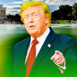 A photo illustration illo of Donald Trump and the D.C. reflecting pool.