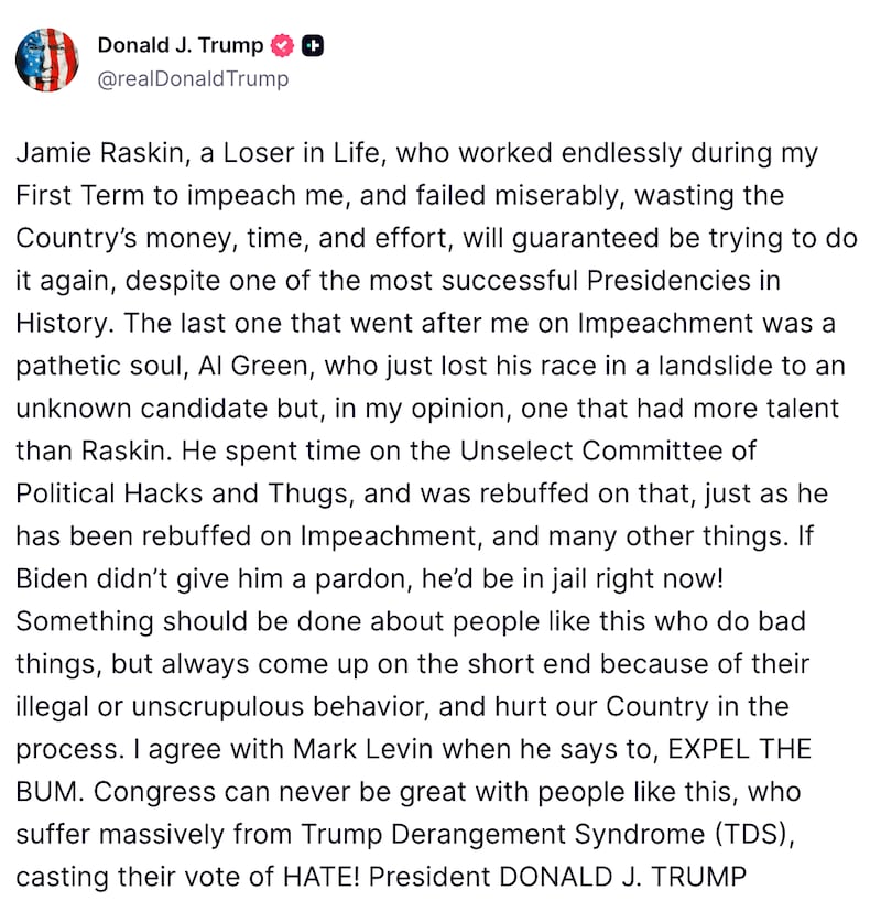 Screenshot of Trump’s Truth Social rant.