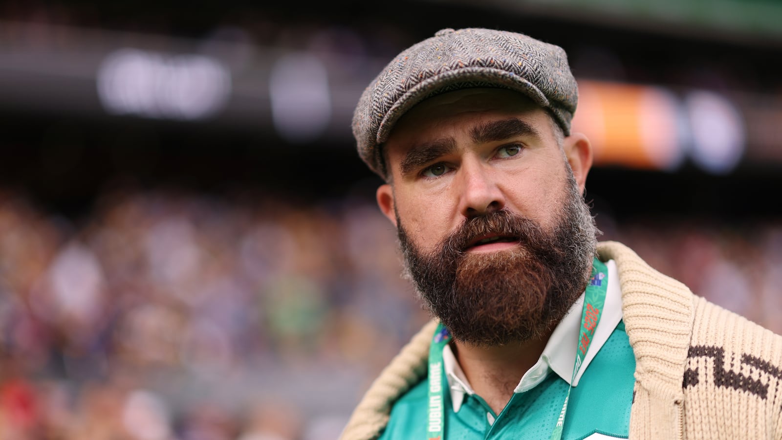 DUBLIN, IRELAND - SEPTEMBER 28: Former player Jason Kelce looks on prior to the NFL 2025 game between Minnesota Vikings and Pittsburgh Steelers at Croke Park on September 28, 2025 in Dublin, Ireland. (Photo by Jack Thomas/Getty Images)