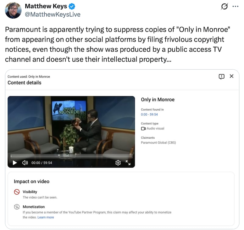 Online users report Only in Monroe being removed from YouTube.