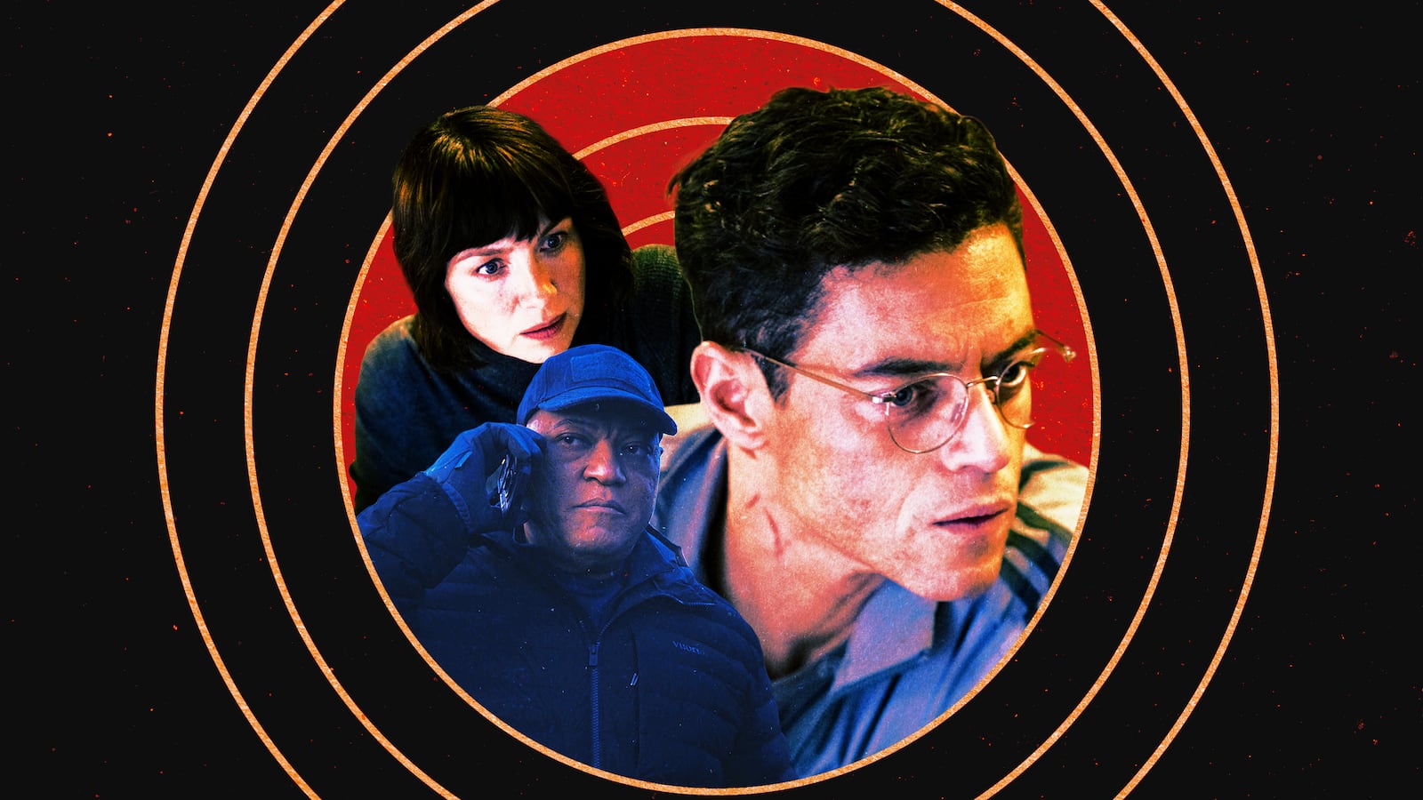 A photo illustration of Caitriona Balfe, Laurence Fishburne, and Rami Malek.