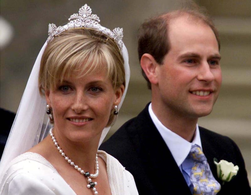 Prince Edward and his bride Sophie Rhys Jones leave St Georges Chapel in Windsor after their wedding June 19.  Buckingham Palace announced before the wedding that the the couple will in future be known as the Earl and Countess of Wessex.