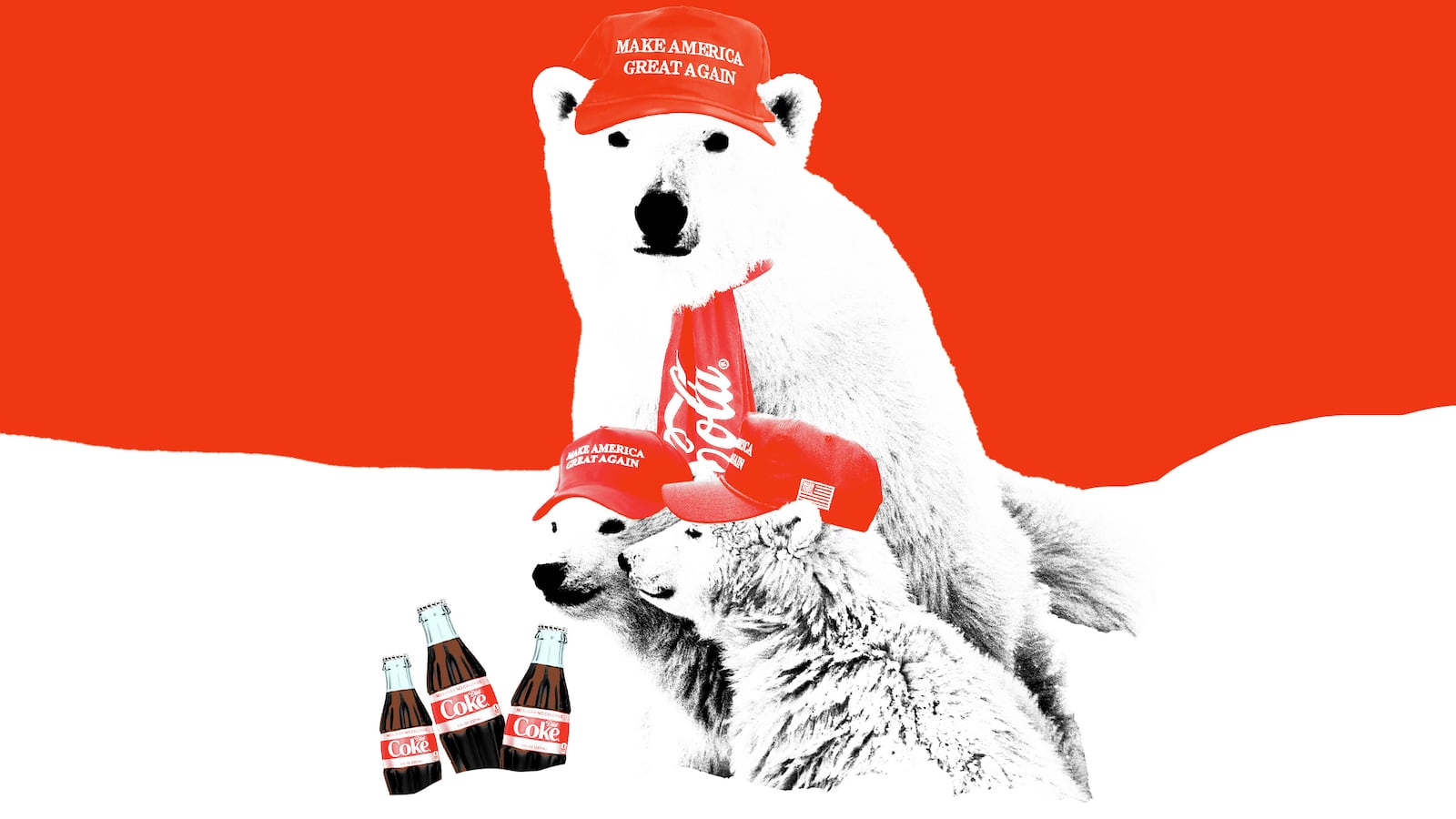 Coca Cola polar bears wearing MAGA hats and bottles of diet coke in the snow