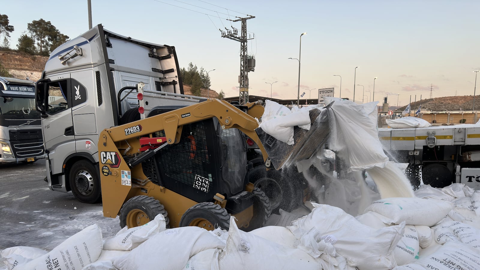 Humanitarian aid supplies dumped by Israeli settlers to road near Tarqumiyah military checkpoint in Hebron, West Bank on May 13, 2024.