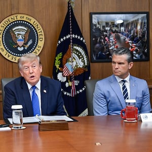 President Donald Trump, Secretary of State Marco Rubio, and Secretary of Defense Pete Hegseth participate in a cabinet meeting at Camp David in Thurmont, Maryland, on July 31, 2026.