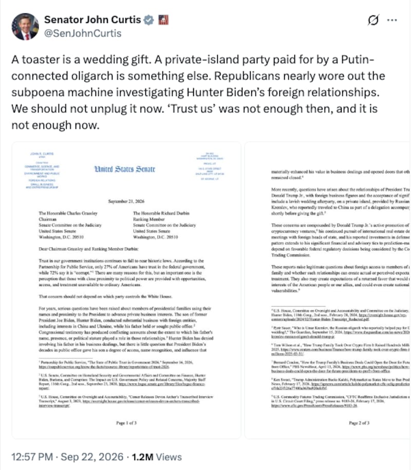 Social media post from Sen. John Curtis calling for Donald Trump Jr. to be subpoenaed.
