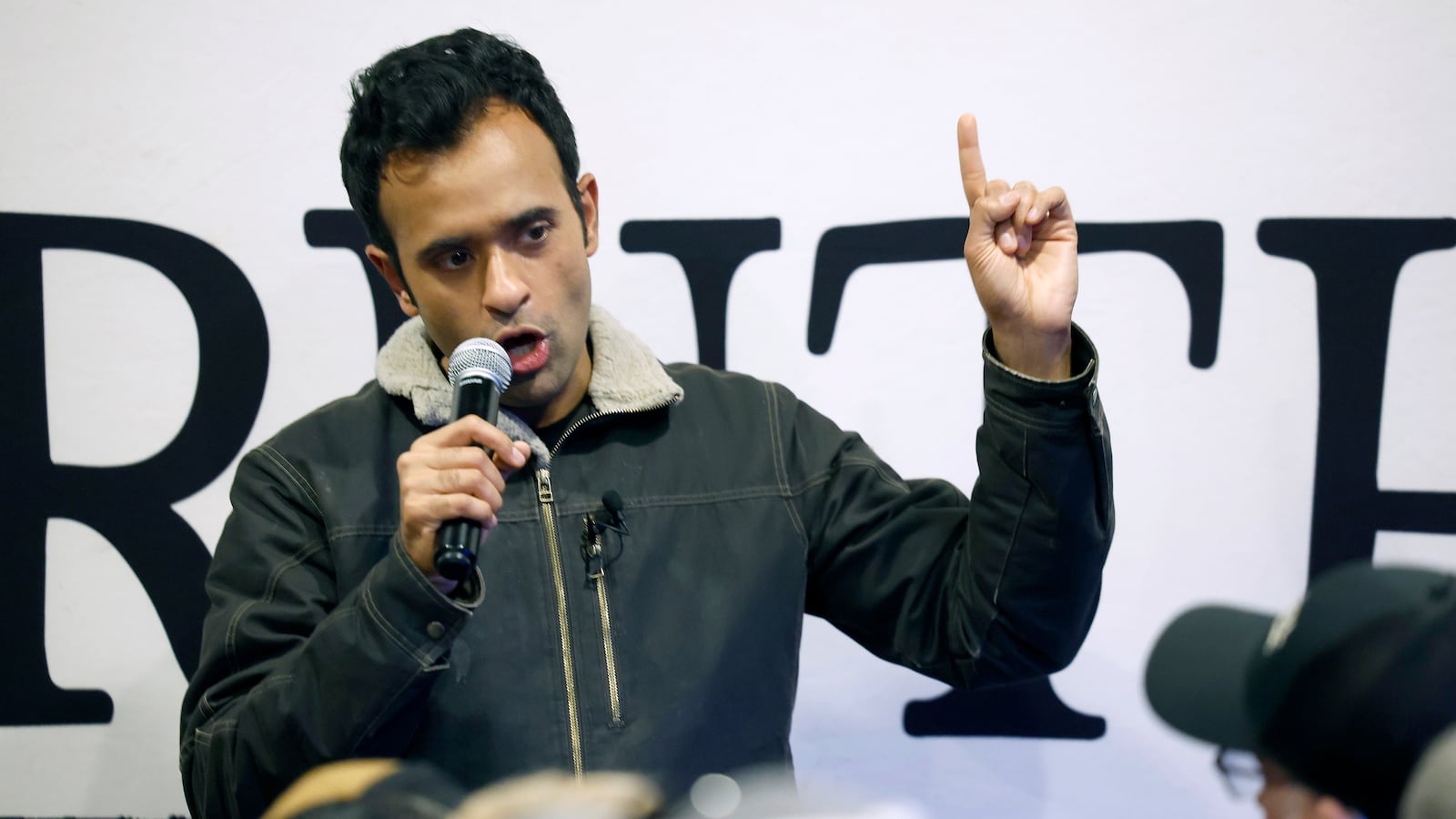 Republican presidential candidate businessman Vivek Ramaswamy speaks to voters during a campaign stop on January 10, 2024 in Marshalltown, Iowa.