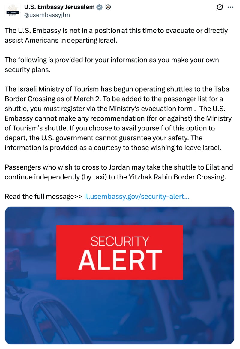 The U.S Embassy in Jerusalem posts on X.