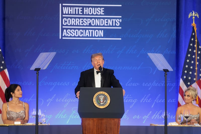 U.S. President Donald Trump delivers remarks at the White House Correspondents' Association (WHCA) Dinner, which was rescheduled from April after it was interrupted when a man tried to force his way through security and fired a shotgun, at the Waldorf Astoria hotel in Washington, D.C., U.S., July 24, 2026.