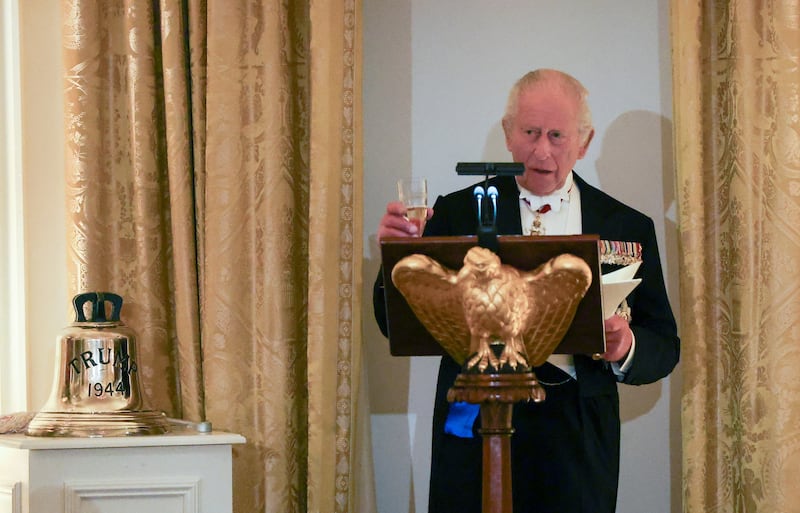 Britain's King Charles speaks during a state dinner for him and Queen Camilla at the White House in Washington, D.C., U.S., April 28, 2026. REUTERS/Suzanne Plunkett