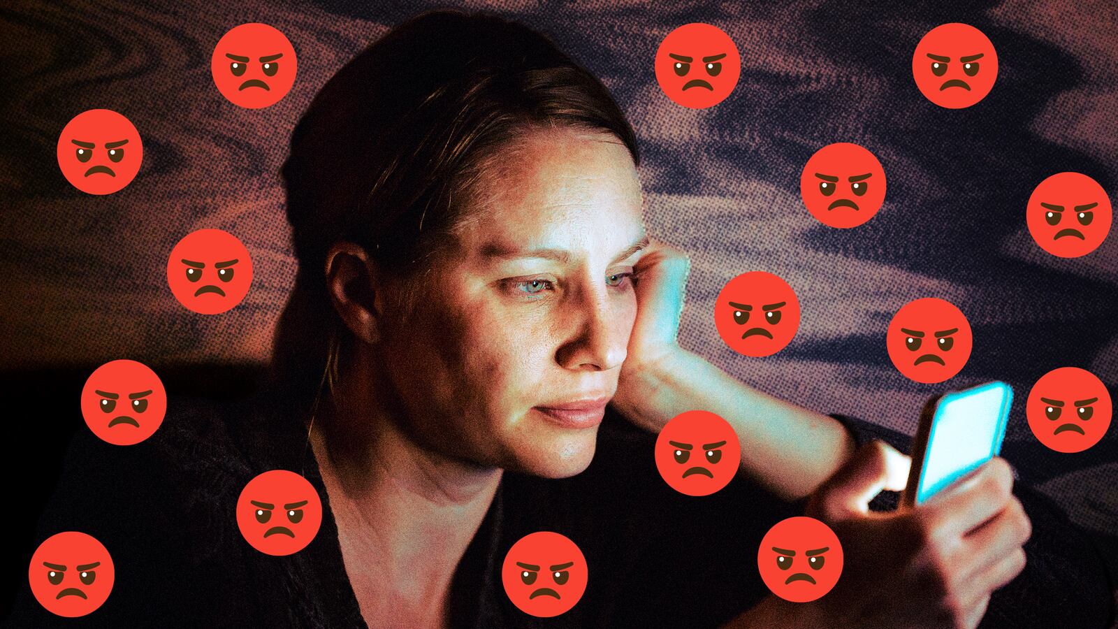A photo illustration of a woman on her phone in the dark surrounded by angry emojis.