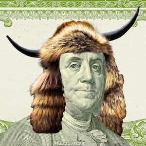 Illo illustration of Benjamin Franklin from the $100 bill wearing the QAnon Shaman's hat from January 6