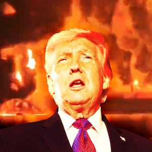 A photo composite of Donald Trump in front of screen grabs from two oil tankers burning in the Persian Gulf.