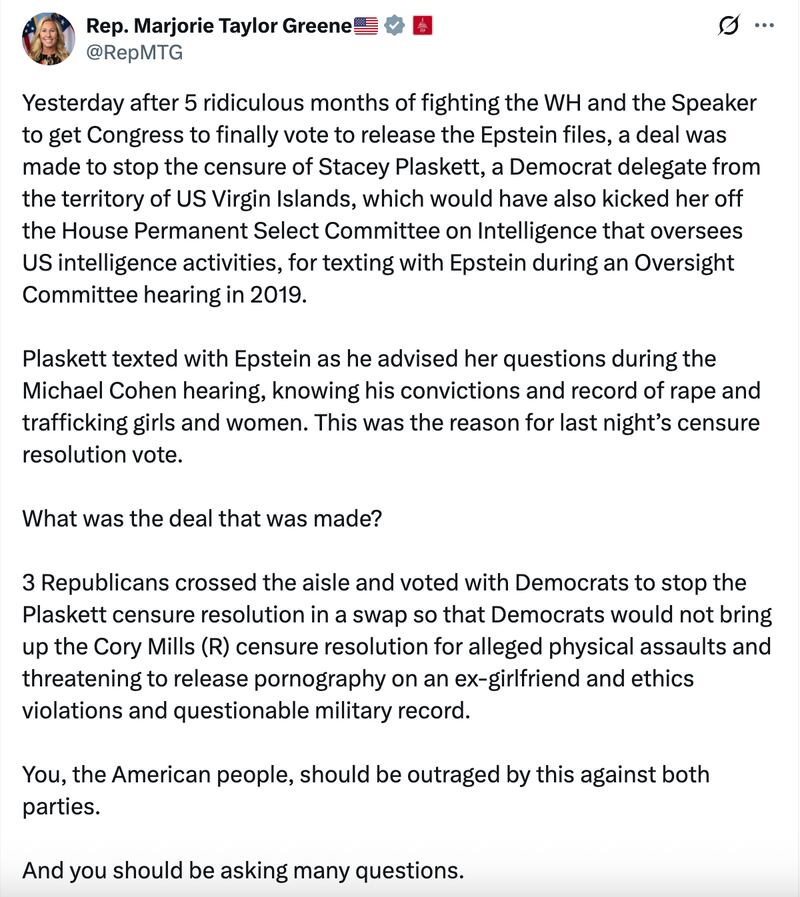 Rep. MTG slams both parties for a deal to prevent the censure of Rep. Stacey Plaskett for texting with Jeffrey Epstein during a 2019 hearing.
