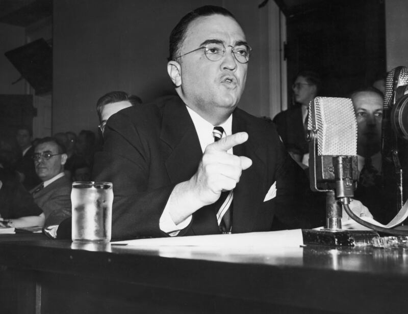 J Edgar Hoover (1895 -1972) points his finger while testifying before the House on Un-American Activities Committee, Washington, DC.