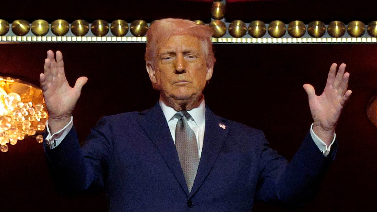 resident Donald Trump looks down from the Presidential Box in the Opera House at the John F. Kennedy Center for the Performing Arts 2025